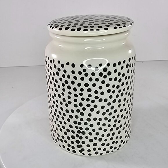 Thyme & Table Polka Dot Stoneware Jar With Lid Dishwasher Safe 5.5" Black & Whit - Picture 3 of 10